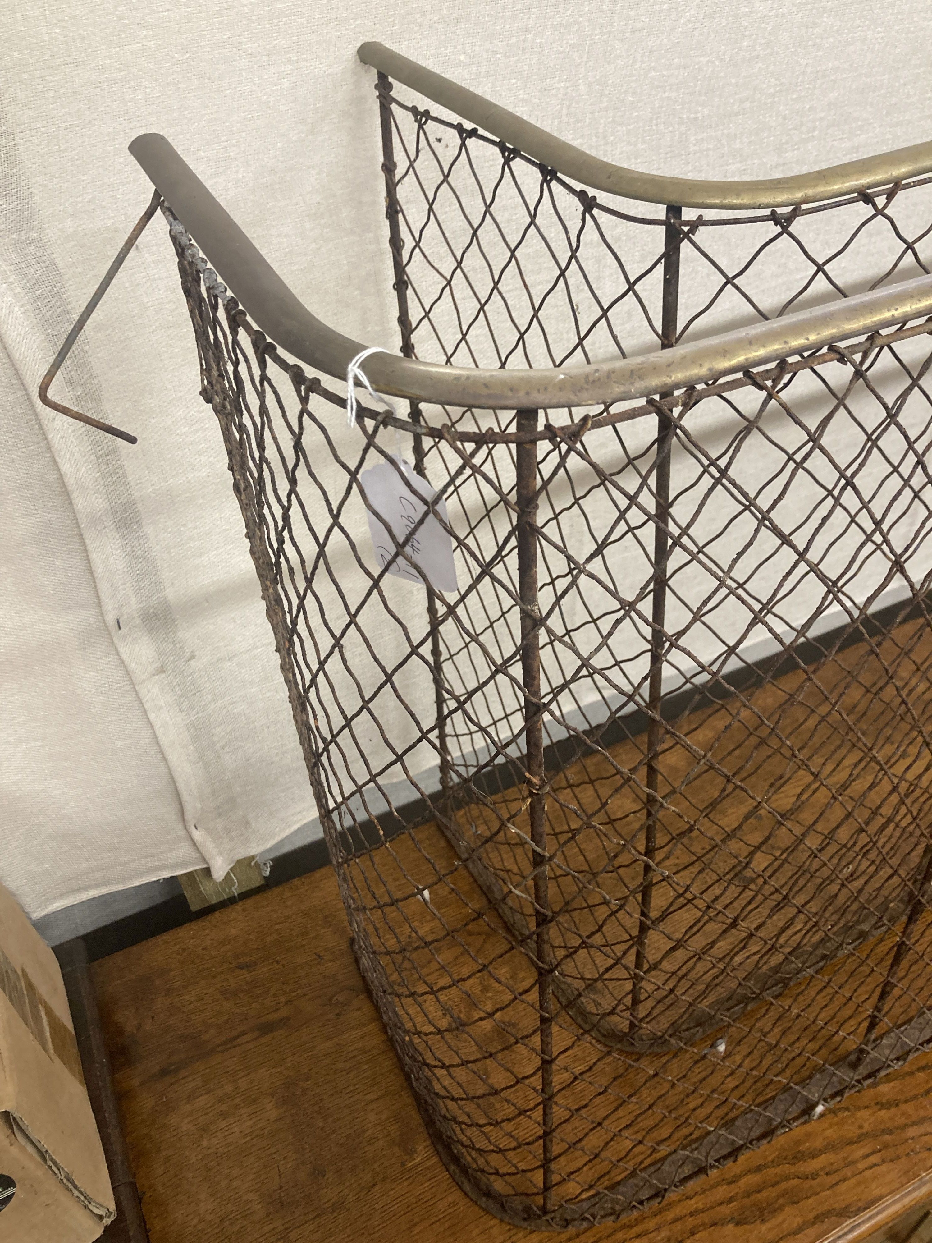 Two Victorian brass mounted mesh spark guards, larger width 120cm, depth 30cm, height 69cm